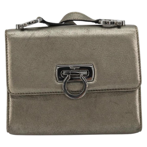 Salvatore Ferragamo Gancini Bag Leather Champagne Gold Silver Auth YKZ1352A