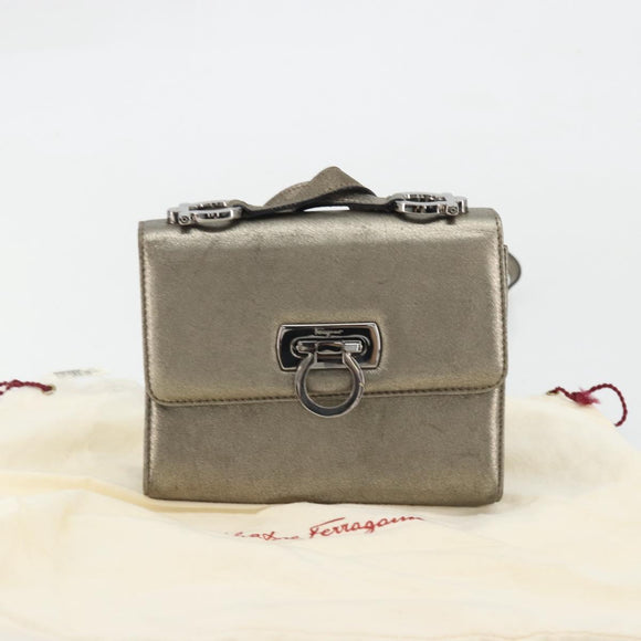 Salvatore Ferragamo Gancini Bag Leather Champagne Gold Silver Auth YKZ1352A