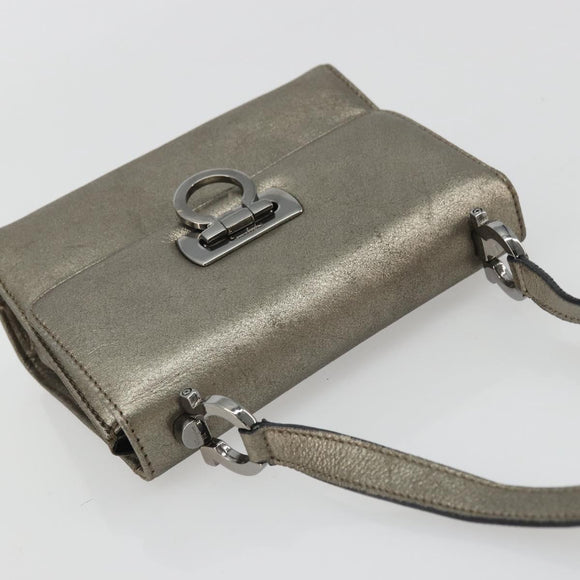 Salvatore Ferragamo Gancini Bag Leather Champagne Gold Silver Auth YKZ1352A