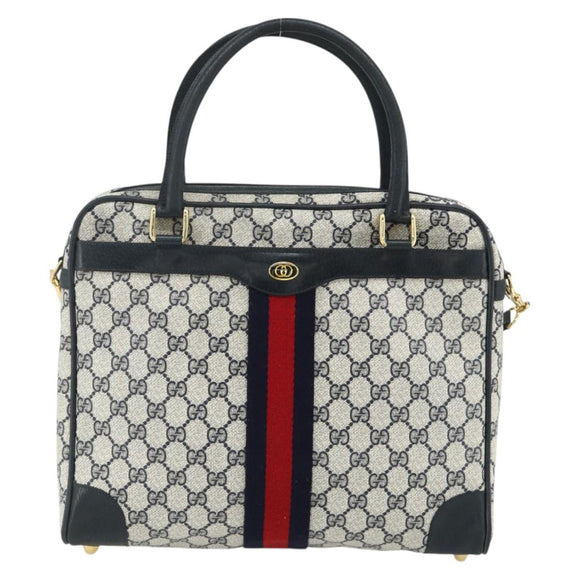 GUCCI GG Supreme Sherry Line Hand Bag PVC 2way Navy Gold 904 02 015 Auth YKZ1353