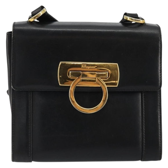 Salvatore Ferragamo Gancini Shoulder Bag Leather Black Gold Auth YKZ1355A