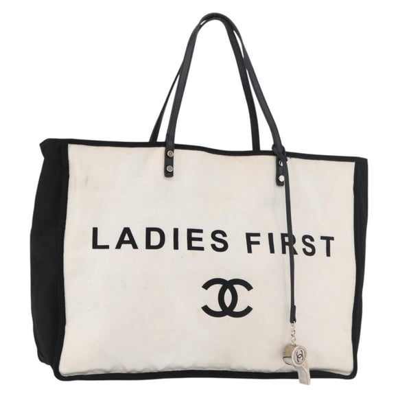 CHANEL Ladies First Tote Bag Canvas White Silver CC Auth YKZ1356A