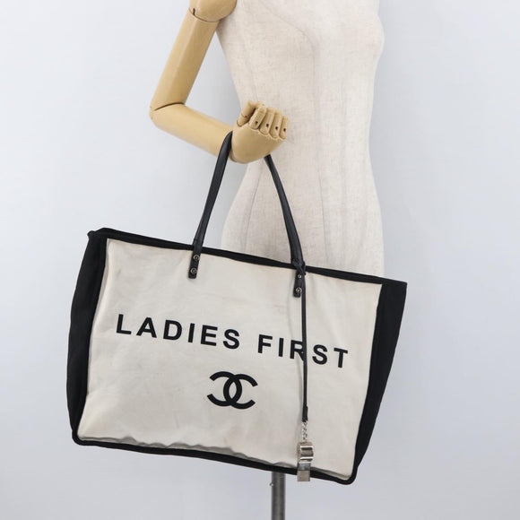 CHANEL Ladies First Tote Bag Canvas White Silver CC Auth YKZ1356A