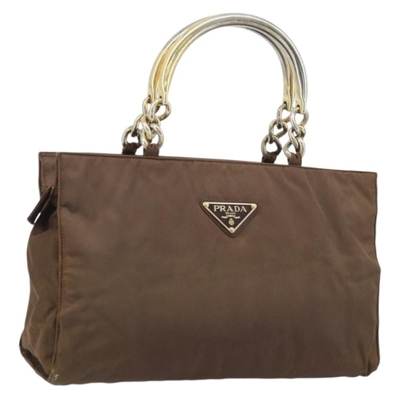 PRADA Chain Hand Bag Nylon Brown Gold Auth YKZ136