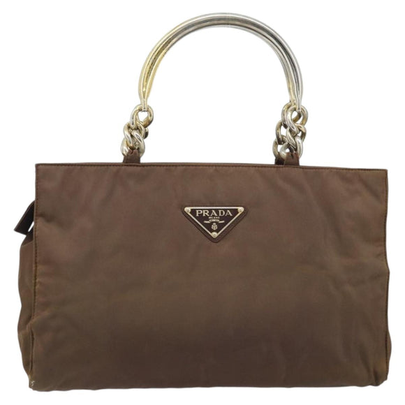 PRADA Chain Hand Bag Nylon Brown Gold Auth YKZ136