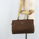 PRADA Chain Hand Bag Nylon Brown Gold Auth YKZ136-23