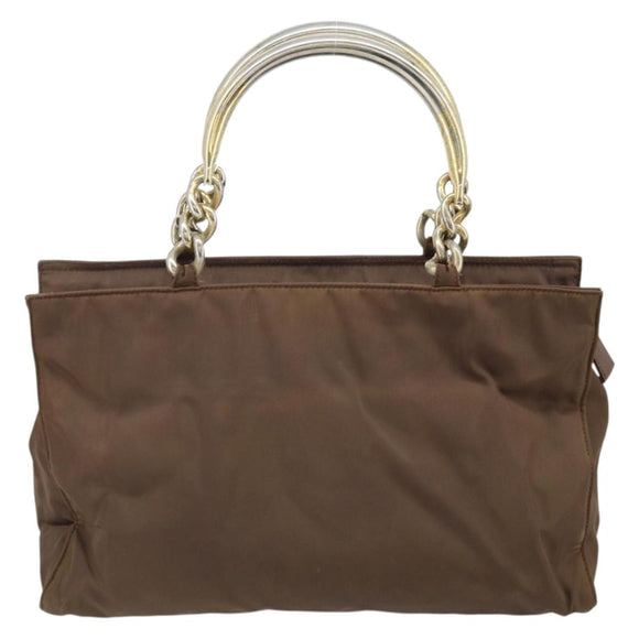 PRADA Chain Hand Bag Nylon Brown Gold Auth YKZ136