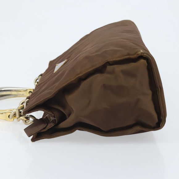 PRADA Chain Hand Bag Nylon Brown Gold Auth YKZ136