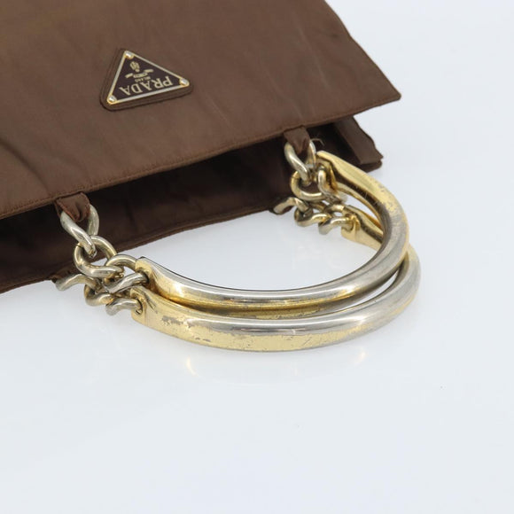 PRADA Chain Hand Bag Nylon Brown Gold Auth YKZ136