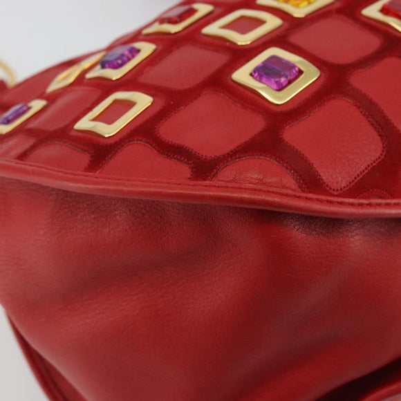 Christian Dior Bijueldo Shoulder Bag Leather Red Gold Auth YKZ1363A