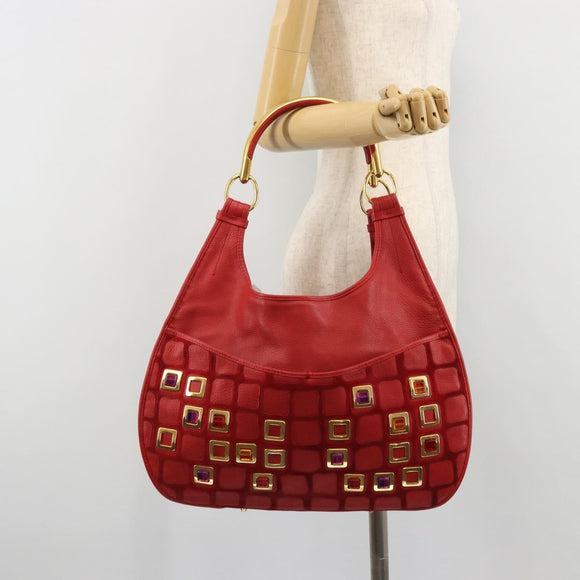 Christian Dior Bijueldo Shoulder Bag Leather Red Gold Auth YKZ1363A