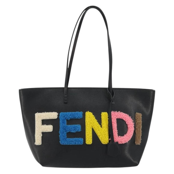 FENDI Tote Bag Leather Black Silver Auth YKZ1365A