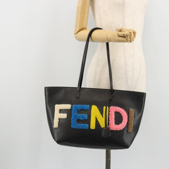 FENDI Tote Bag Leather Black Silver Auth YKZ1365A