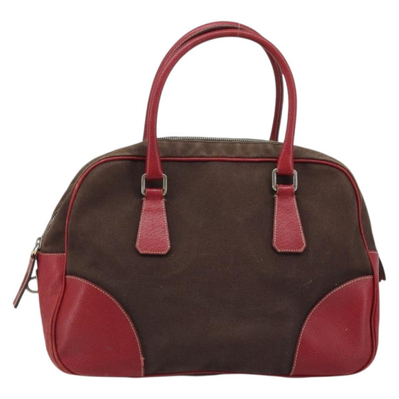 PRADA Hand Bag Canvas Brown Silver Auth YKZ137