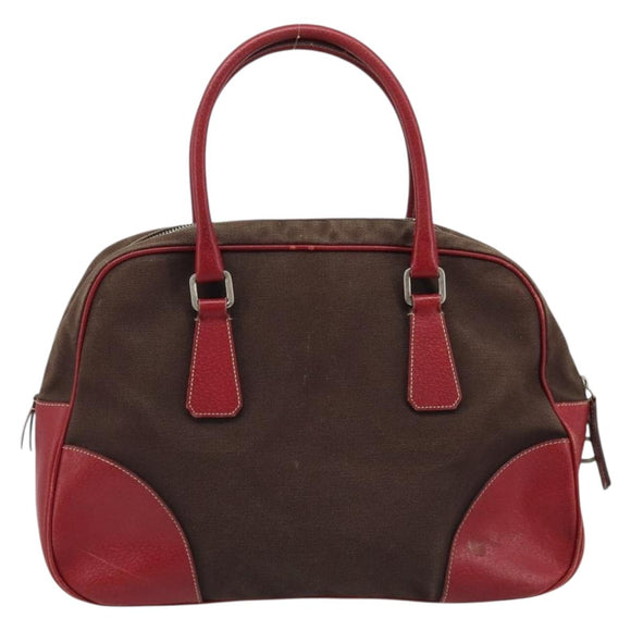PRADA Hand Bag Canvas Brown Silver Auth YKZ137