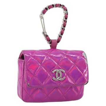 CHANEL Matelasse Carabiner Pouch Patent leather Pink Silver CC Auth YKZ1380A
