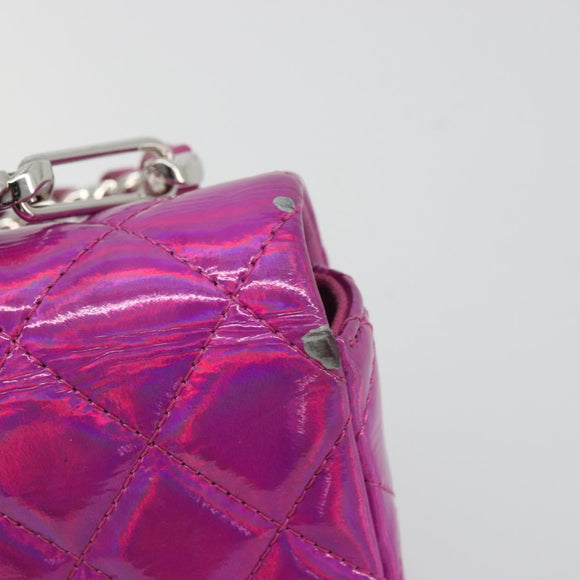 CHANEL Matelasse Carabiner Pouch Patent leather Pink Silver CC Auth YKZ1380A