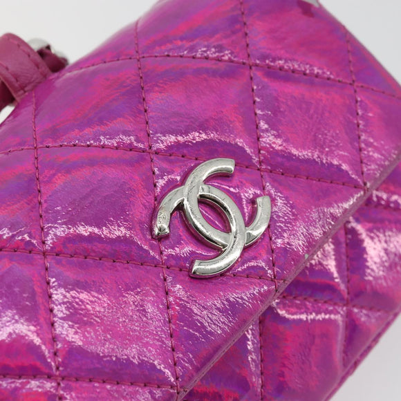 CHANEL Matelasse Carabiner Pouch Patent leather Pink Silver CC Auth YKZ1380A