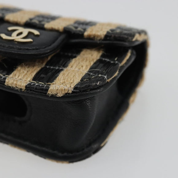 CHANEL COCO Mark Air Pods Case Earphone Case Raffia Black Gold CC Auth YKZ1386A