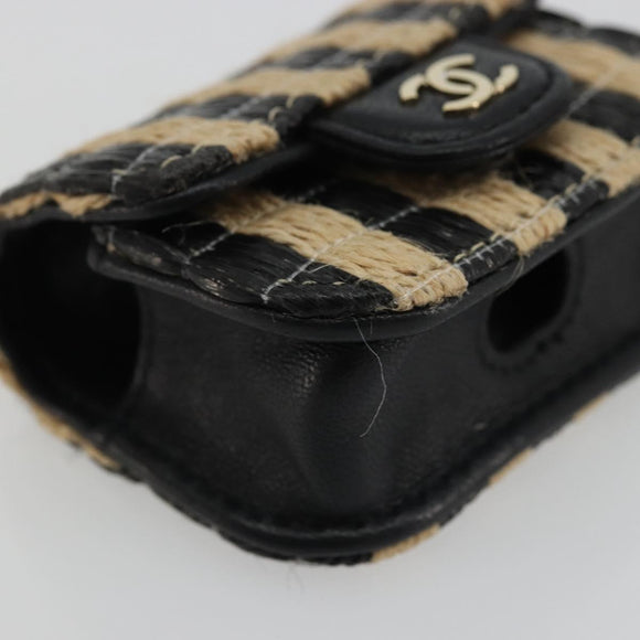 CHANEL COCO Mark Air Pods Case Earphone Case Raffia Black Gold CC Auth YKZ1386A