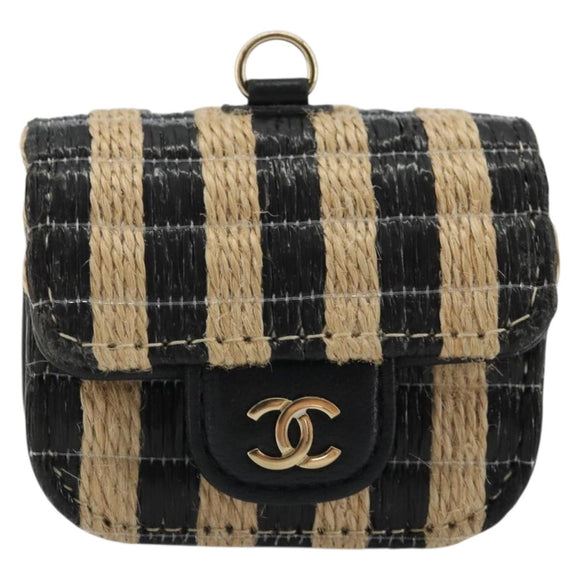 CHANEL COCO Mark Air Pods Case Earphone Case Raffia Black Gold CC Auth YKZ1386A