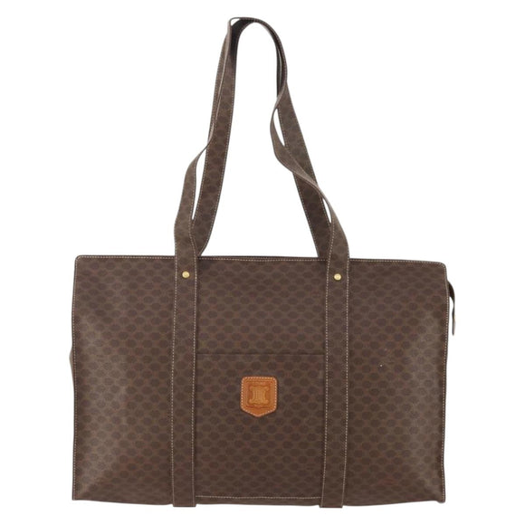 CELINE Macadam Canvas Tote Bag PVC Leather Brown Gold Auth YKZ139A