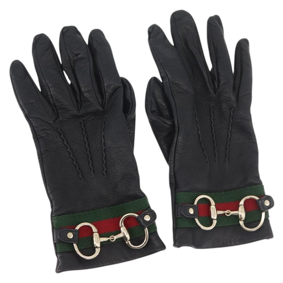 GUCCI Horsebit Web Sherry Line Gloves Leather Black Auth YKZ1406A