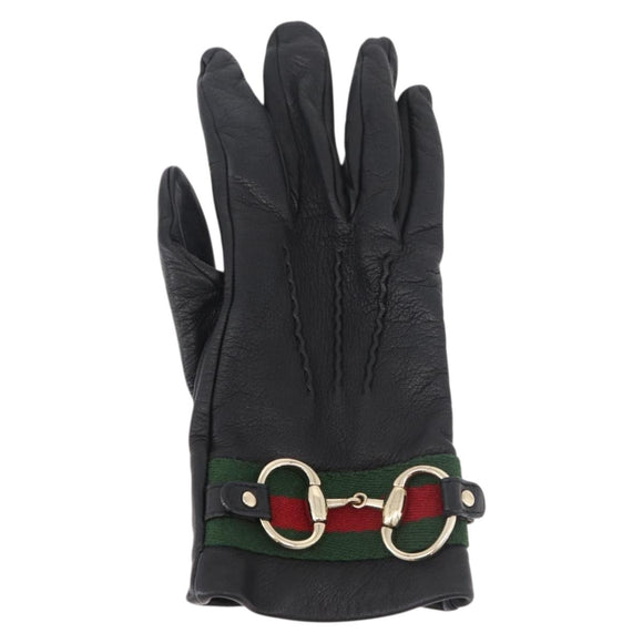 GUCCI Horsebit Web Sherry Line Gloves Leather Black Auth YKZ1406A