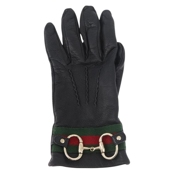 GUCCI Horsebit Web Sherry Line Gloves Leather Black Auth YKZ1406A