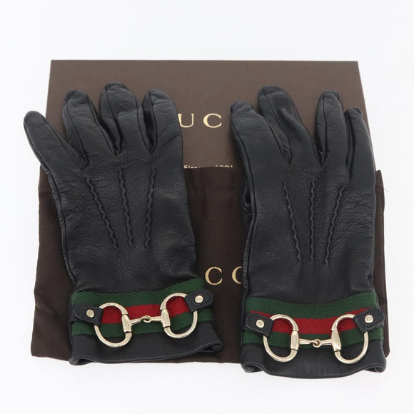 GUCCI Horsebit Web Sherry Line Gloves Leather Black Auth YKZ1406A