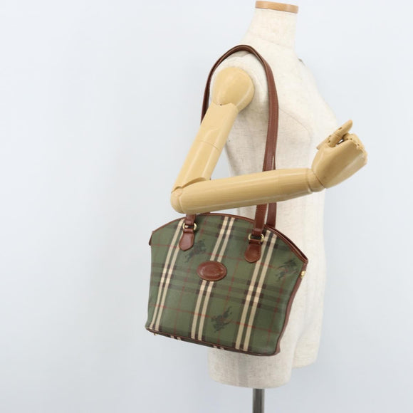 Burberrys Nova Check Tote Bag PVC Leather Green Gold Auth YKZ143