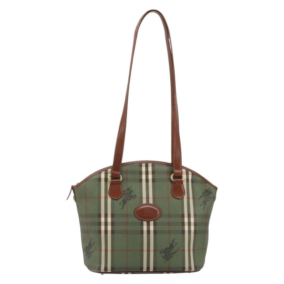 Burberrys Nova Check Tote Bag PVC Leather Green Gold Auth YKZ143