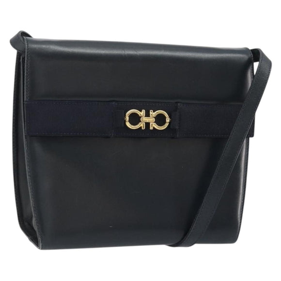 Salvatore Ferragamo Gancini Shoulder Bag Leather Navy Gold Auth YKZ1453A