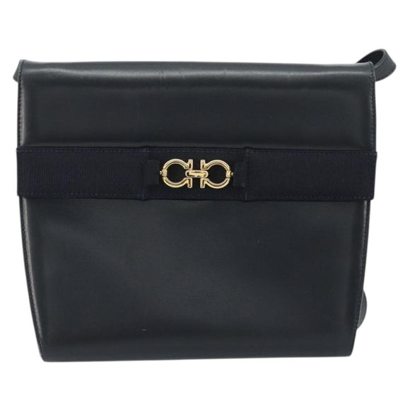 Salvatore Ferragamo Gancini Shoulder Bag Leather Navy Gold Auth YKZ1453A