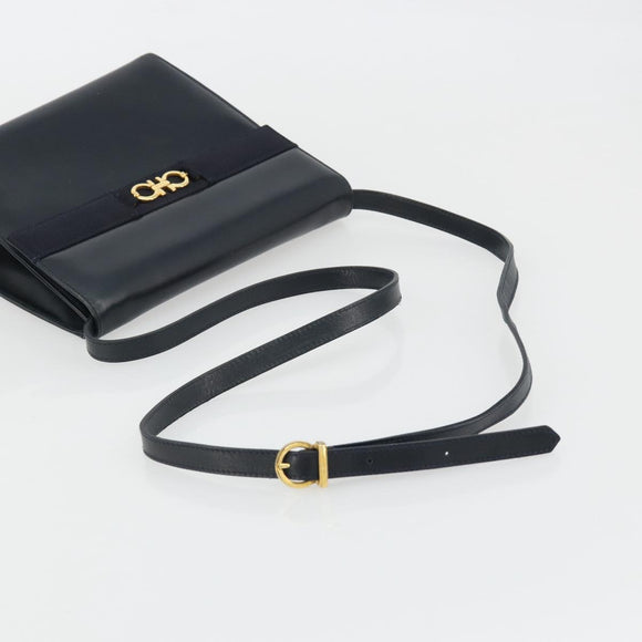 Salvatore Ferragamo Gancini Shoulder Bag Leather Navy Gold Auth YKZ1453A