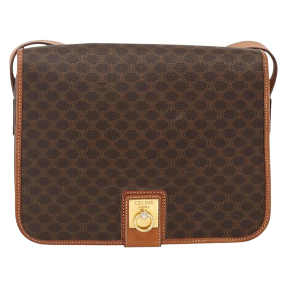 CELINE Macadam Canvas Shoulder Bag PVC Leather Brown Gold Auth YKZ1460A