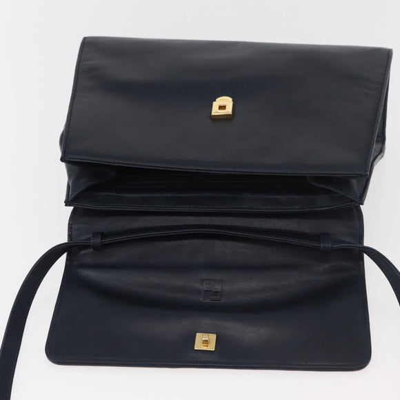 FENDI Pasta Hand Bag Leather 2way Gold Navy Auth YKZ1469A
