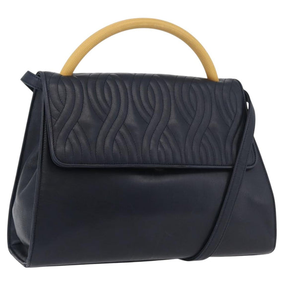 FENDI Pasta Hand Bag Leather 2way Gold Navy Auth YKZ1469A