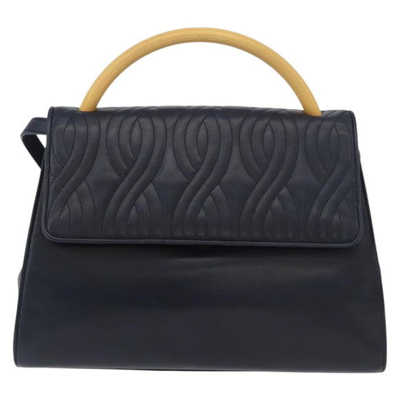 FENDI Pasta Hand Bag Leather 2way Gold Navy Auth YKZ1469A