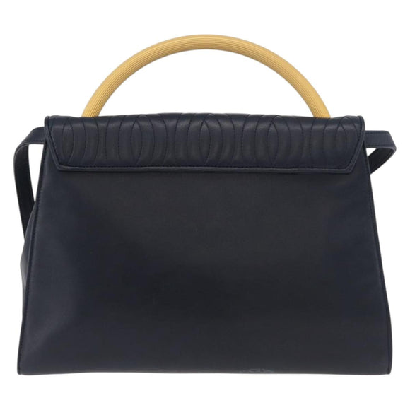FENDI Pasta Hand Bag Leather 2way Gold Navy Auth YKZ1469A