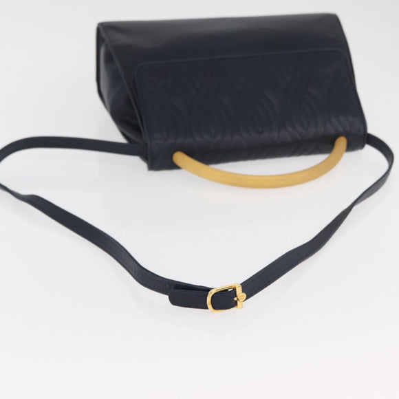 FENDI Pasta Hand Bag Leather 2way Gold Navy Auth YKZ1469A