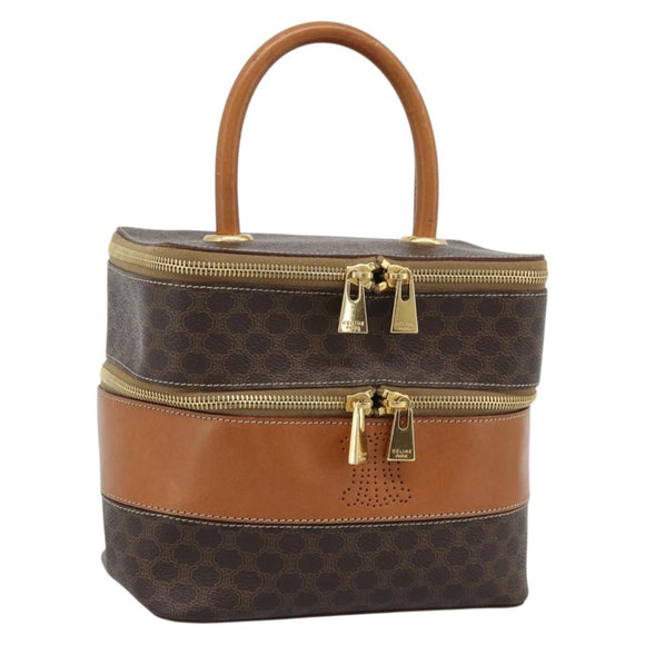 CELINE Macadam Canvas Vanity Hand Bag PVC Leather Brown Gold Auth YKZ1479A