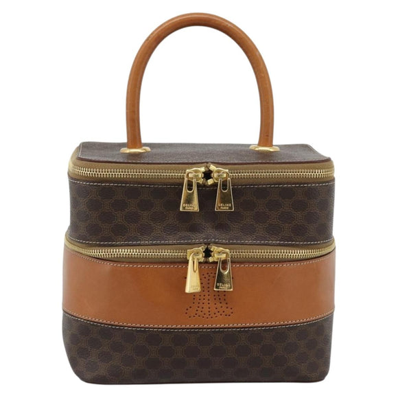CELINE Macadam Canvas Vanity Hand Bag PVC Leather Brown Gold Auth YKZ1479A