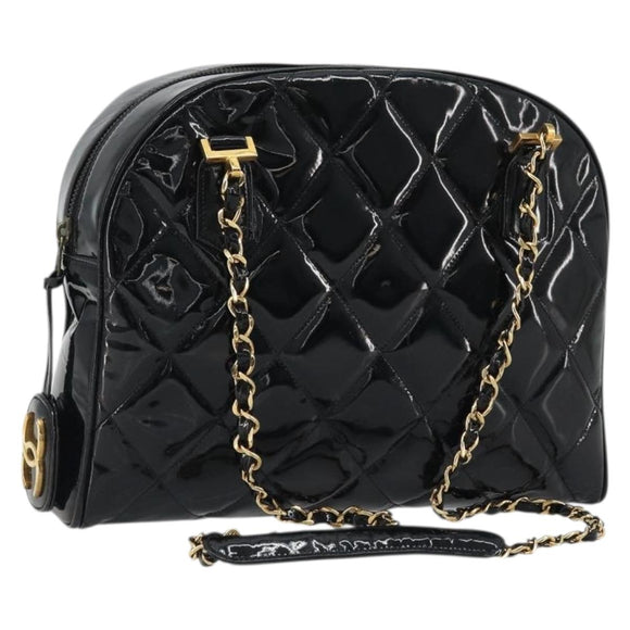 CHANEL Matelasse Chain Shoulder Bag Patent Leather Black Gold CC Auth YKZ1501