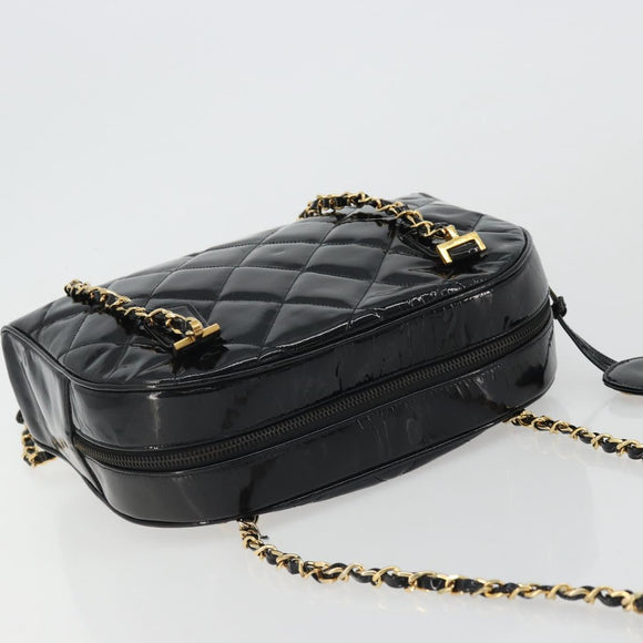 CHANEL Matelasse Chain Shoulder Bag Patent Leather Black Gold CC Auth YKZ1501