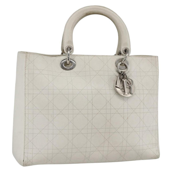 Christian Dior Lady Dior Canage Hand Bag Leather White Silver Auth YKZ152