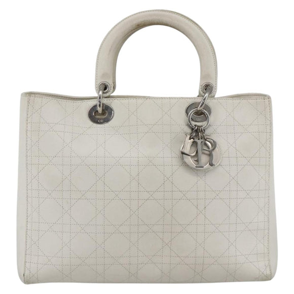 Christian Dior Lady Dior Canage Hand Bag Leather White Silver Auth YKZ152