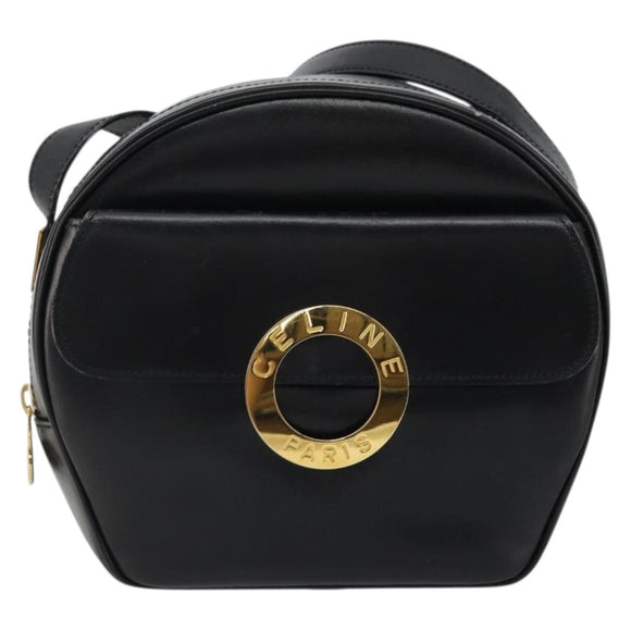 CELINE Circle Shoulder Bag Leather Black Gold Auth YKZ1524A