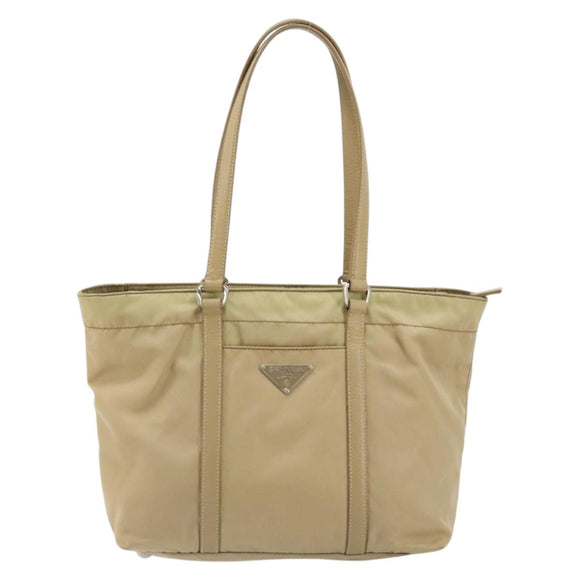 PRADA Tote Bag Nylon Beige Silver Auth YKZ1525A