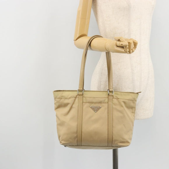 PRADA Tote Bag Nylon Beige Silver Auth YKZ1525A